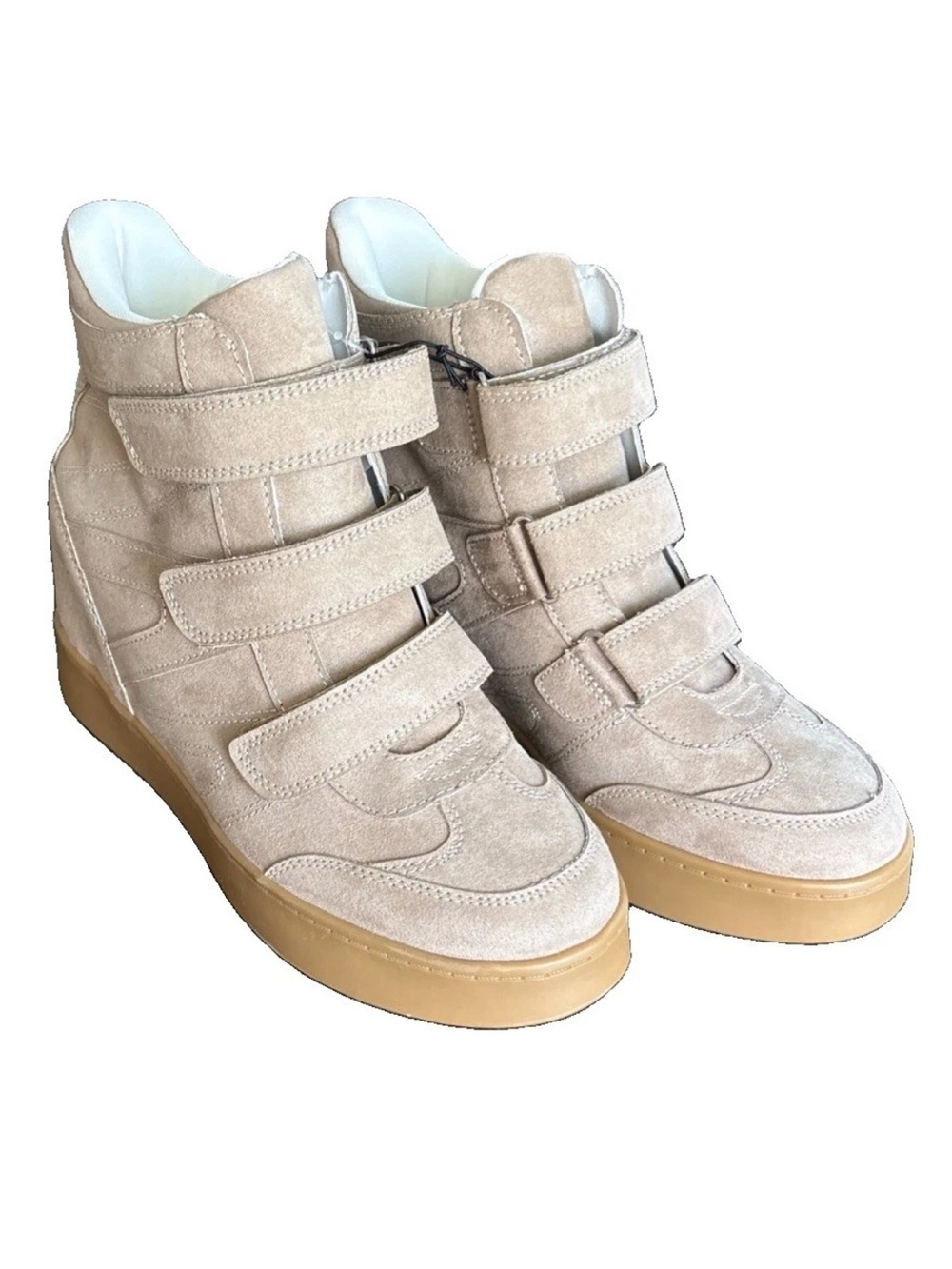 NWT Faux Suede Hi-Top Wedge Sneaker SAND Hook&Loop Memory Foam Hidden Heel SZ 9